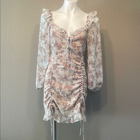 Miss Lola Floral Ruched Long Sleeve Dress - White and Pink - Picture 1 of 12